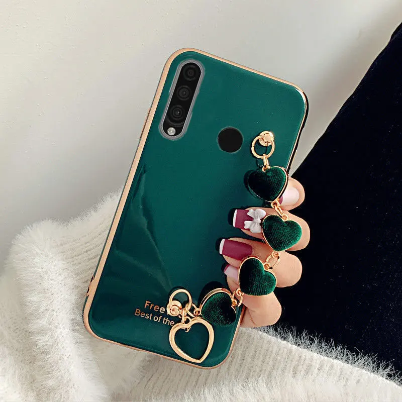 Luxury Dark Green Heart Plush Wrist Chain Case For Huawei P20 P30 Pro P40 Y7p Y9s Mate 10 20 Lite Cover