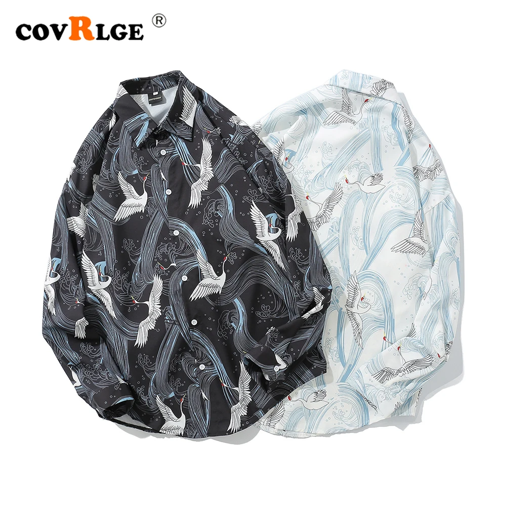 Covrlge Chinese Style Men's Crane Pattern Long Sleeve Shirt Men's Shirts Casual Trendy Fashion Slim Shirt Men Streetwear MCL351