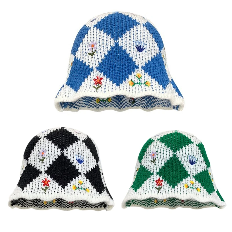 

Новый стиль, клетчатая вязаная Панама, Цветочная Рыбацкая шляпа, раковина, клетчатые вязаные крючком шапки