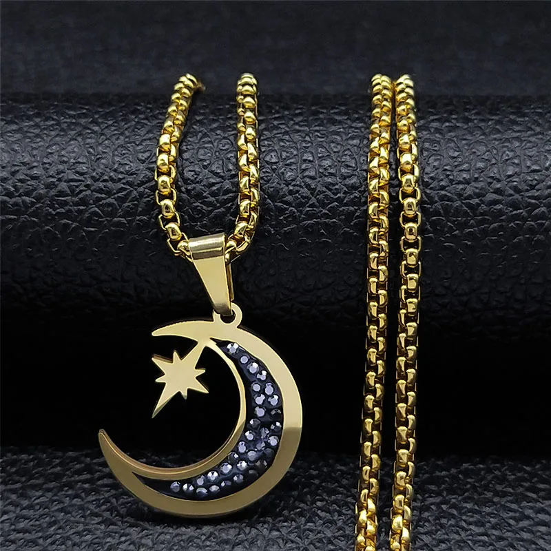 

2022 Fashion Light Of Stars And Moon Charm Necklace Gold Color Stars Rhinestone Chain Necklace For Women Small Jewelry