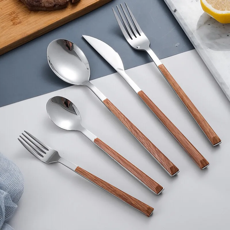 

5 PCS Sliver Dinnerware Set Stainless Steel Tableware Set Knife Fork Spoon Flatware Set Cutlery Set Imitation Wood Handle