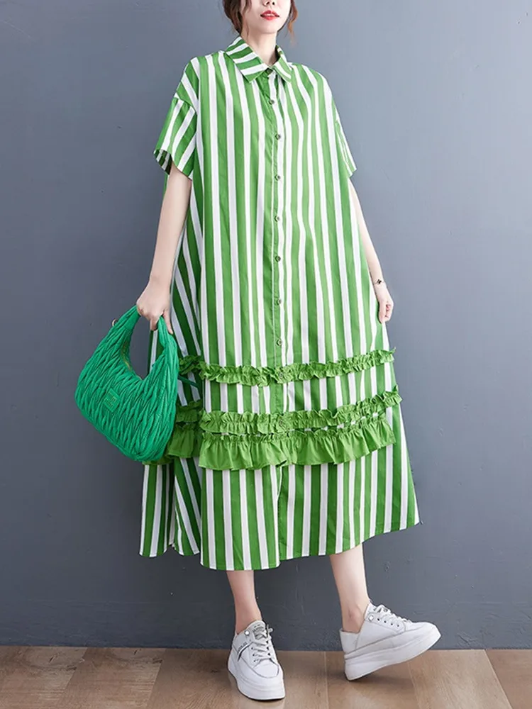 

Short Sleeve Oversized Cotton Vintage Striped Dresses For Women Casual Loose Maxi Long Summer Shirt Dress Woman Clothing 2023