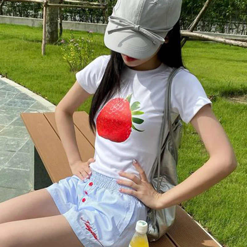 2024 базовый женский укороченный топ с короткими рукавами и милым клубничным