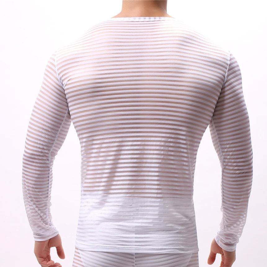 Sexy Mens Undershirts Long Sleeve T-Shirts Transparent Mesh Sleepwear See Through Nightwear Striped Tops Tees Sexy Underwear Tee