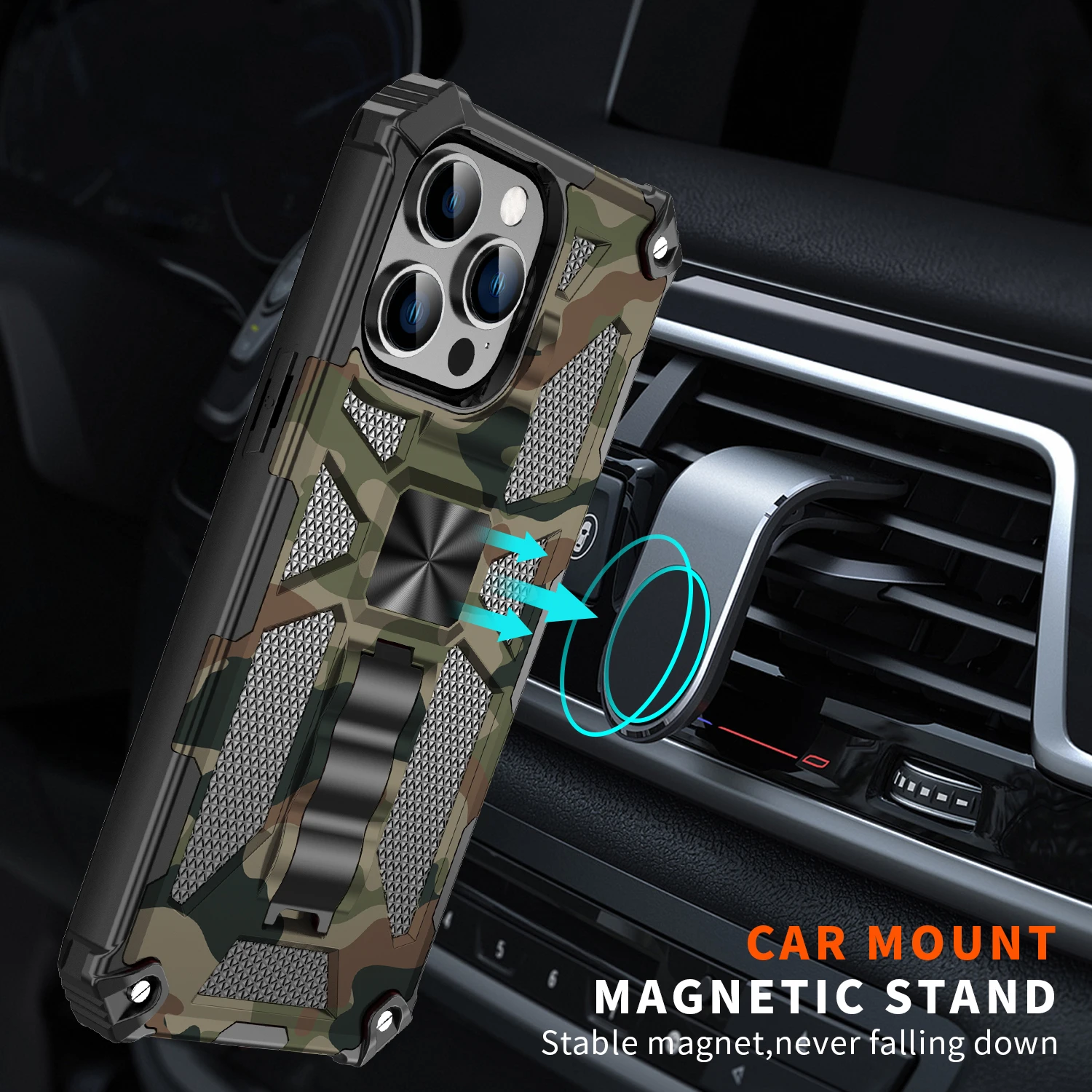 

For iPhone 14 14Pro 14plus 14Promax Magnetic Camouflage Kickstand Hard Case