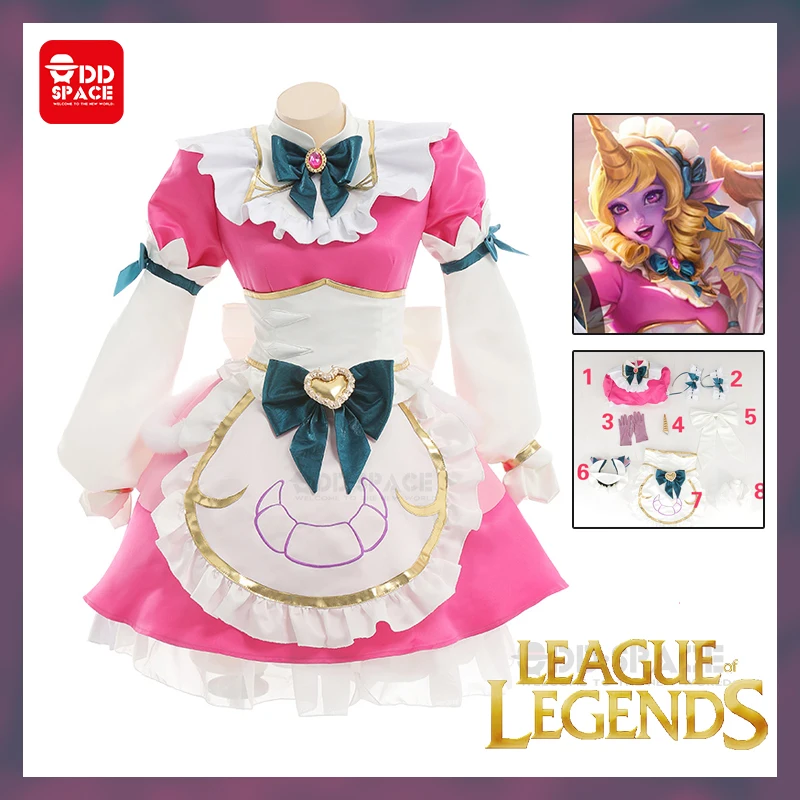 Игровая Лига Легенд сорака Косплей костюмы кафе Cuites Кожа Одежда Розовый парик