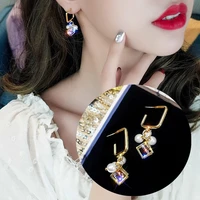 korean geometric rhinestone earrings fashion simulation pearl pendants womens earrings elegant pierced jewelry