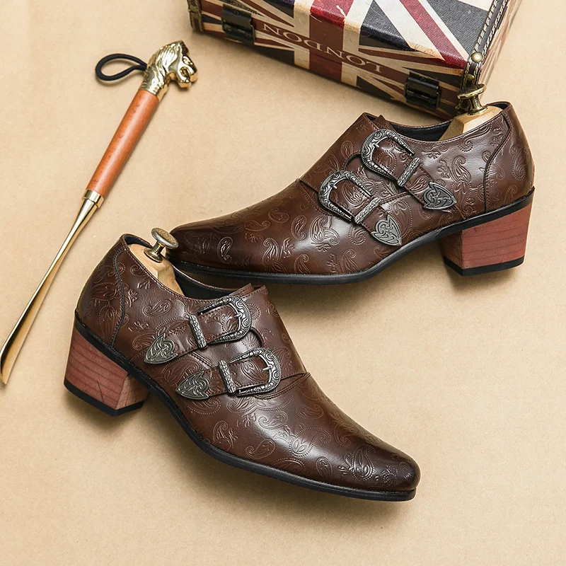 

Classic Fashion Brown Pattern Men's Dress Shoes Big Size 46 Leather Pointed Shoes for Men Height-increasing High heel Shoes Men