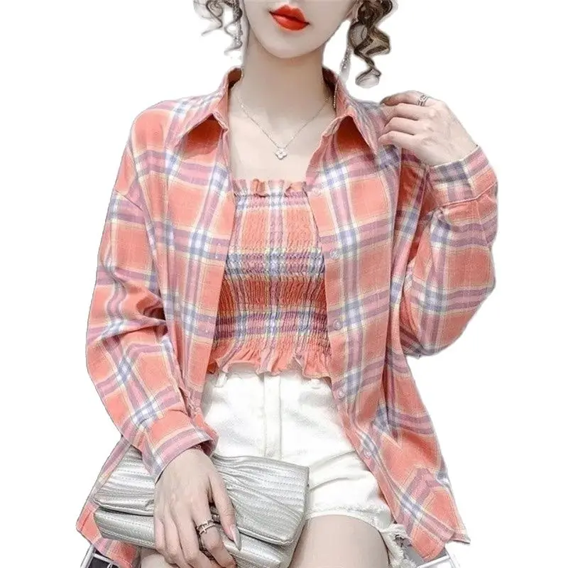 

Summer Plaid Shirt Tops New 2022 Korean Plaid Shirt Blouse Loose Sunscreen Shirt + Fashion Camisole Vest Two-Piece Suit Female