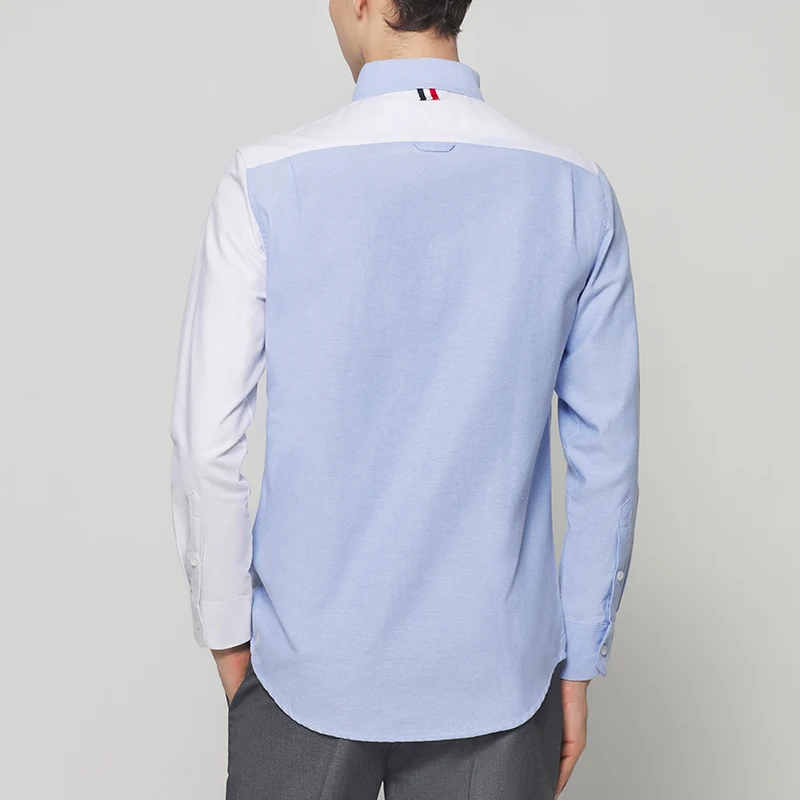 TB THOM Men's Shirt Fashion Top Brand Contrast Color Patchwork Casual Oxford Fine Cotton Long Sleeve High Quality Women's Shirts