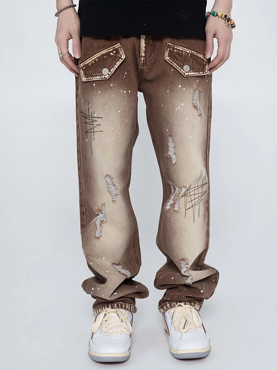 Four Seasons High Street American Retro Washed and Worn High Street Straight Trousers Y2k Men's Jeans Streetwear Ins Hot Sale