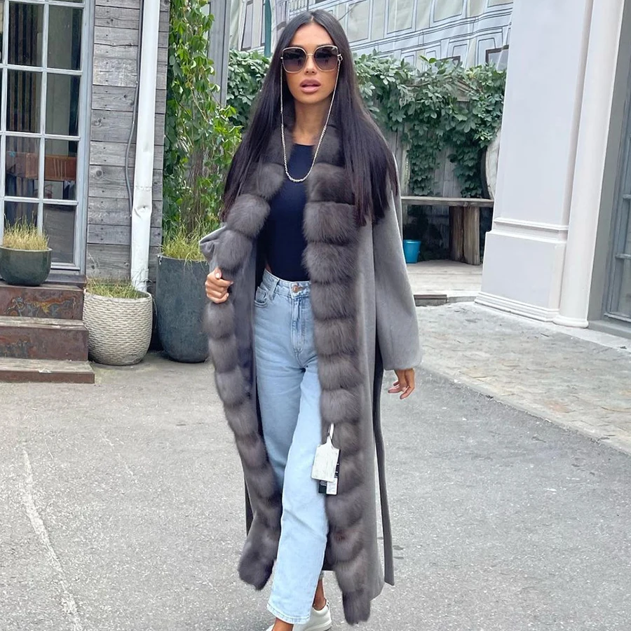 Женское длинное кашемировое пальто стильное шерстяное серого цвета с отделкой