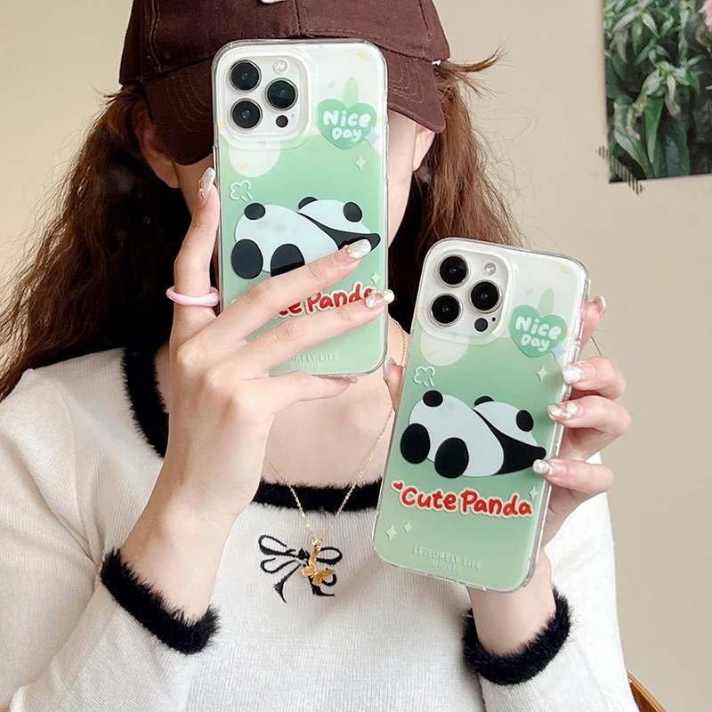 Creative Bear Panda Animal Phone Case For iPhone 11 12 13 14 Pro Max Green Shockproof Protection