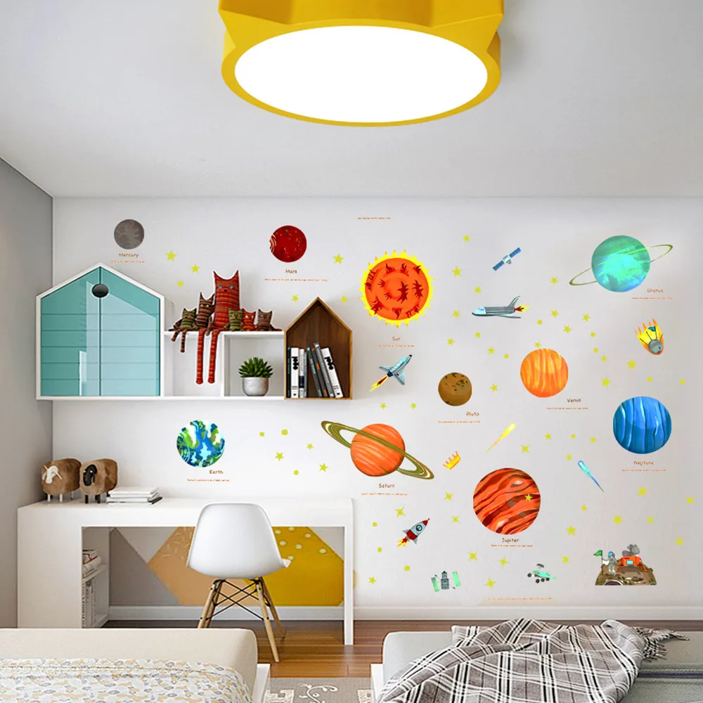 

Cheap 2pcs Kids Decora Anime Wall Stickers Kawaii Planet Airplane Stickers Children Room Bedroom Home Decoration Accessories