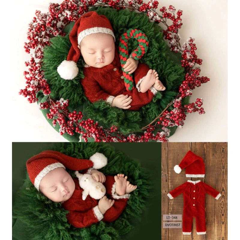 Newborn Baby Photography Props Christmas Set Hat Red Knitted Outfits Wool Blanket Doll Decorations Studio Shooting Photo Props