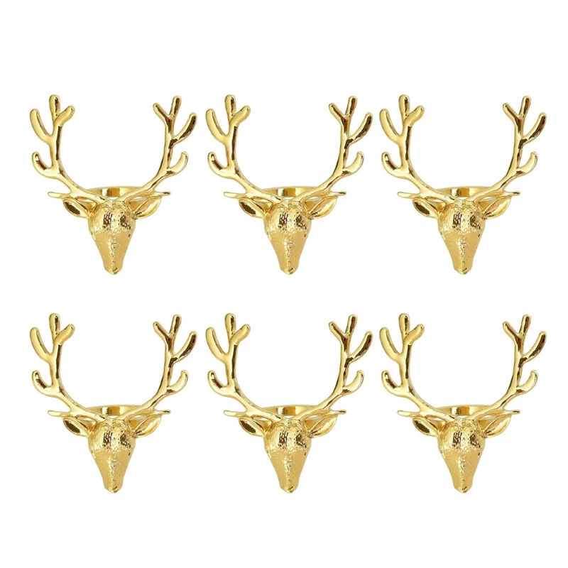 

6 pcs Gold Deer Head Shape Napkin Ring Christmas Party Dinner Table Decoration