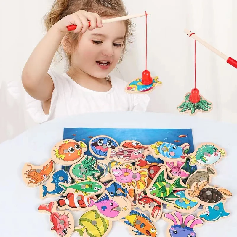 Деревянные магнитные рыболовные игрушки Монтессори для детей мультяшная Морская жизнь познавательные игры для рыб Обучающие интерактивные для родителей и детей