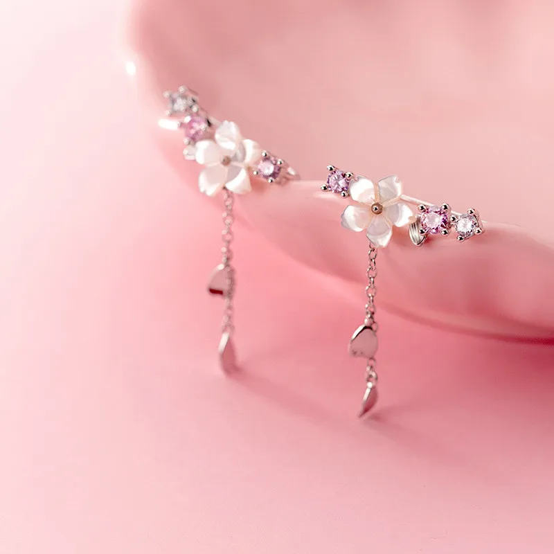 

100% S925 Sterling Silver Classic Style Shell Flower Tassel Pink Zircon Stud Earrings Fashion Women Fine Jewelry