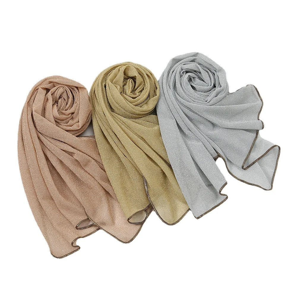 

Luxury Bright Silk Pack Black Gold Scarf Hijab Women Solid Long Muslim Scarves Islam Wraps Head Scarf Turban Shawl Headscarves
