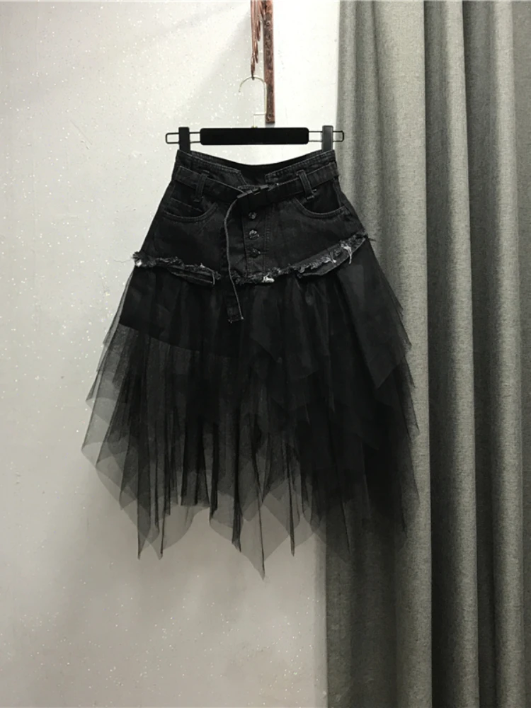 wa gotycka tiulowa spódnica dżinsowa Tutu damska nieregularna wysoka talia linia plisowana Midi Patchwork Punk asymetryczna letnia impreza klubowa