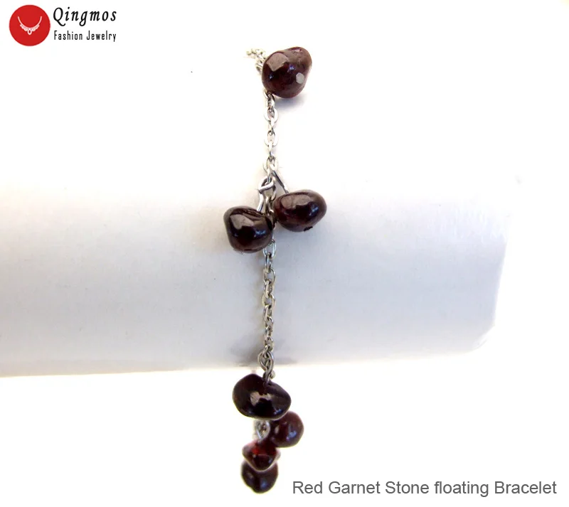 Qingmos Fashion 6-8mm Baroque Floating Natural Red Garnet Bracelet for Women with Stone Jewelry Pendant Bracelet Chain 7-9''