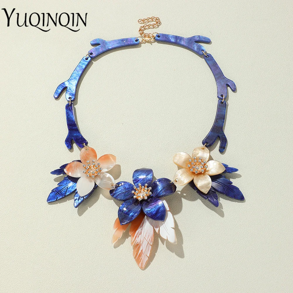 

New Fashion Acrylic Short Choker Necklace for Women Weddding Big Flower Pendant Necklace for Girls Gifts Vintage Ethnic Jewelry