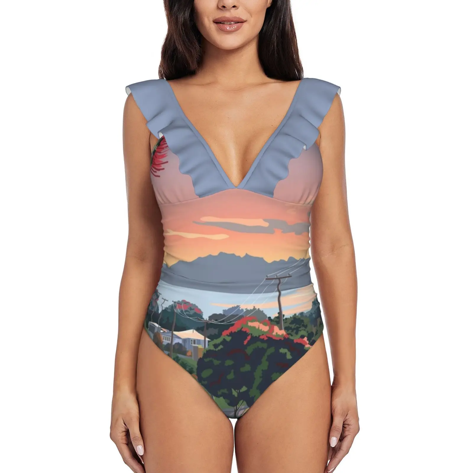 

Монокини с изображением большого барьера-острова-дороги-Лего, новый слитный купальник с оборками, Женский сексуальный купальник, женский к...