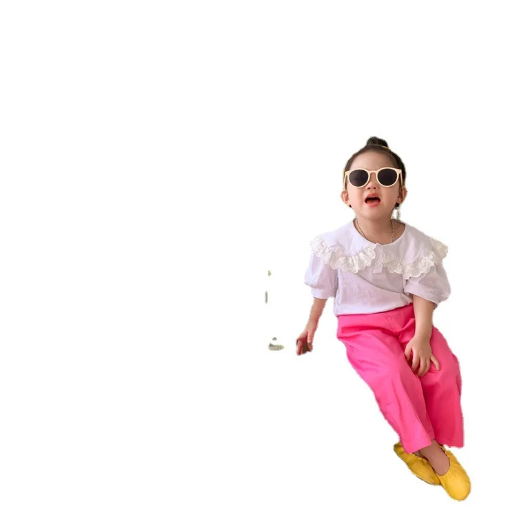 RiniLucia Girls Dresses Kids Clothes White Butterfly Sleeve T-shirt Solid  Dress Pullover lace fashion teen T-Shirt of Girls