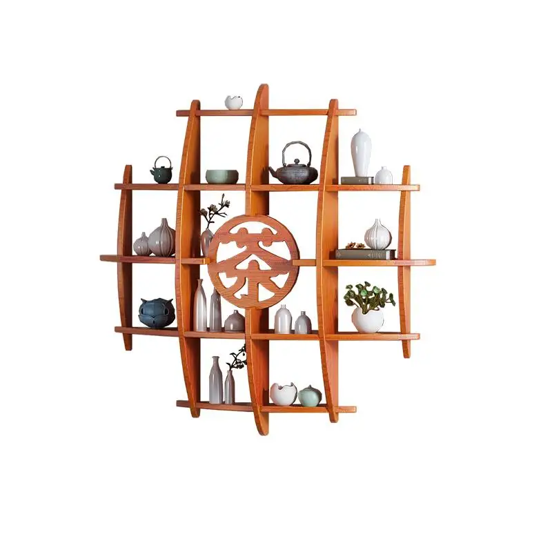 Solid Wood Chinese Wall-Mounted Display Rack Shelf Bowu Tea Stand Antique Teapot Shelf Duobao Pavilion