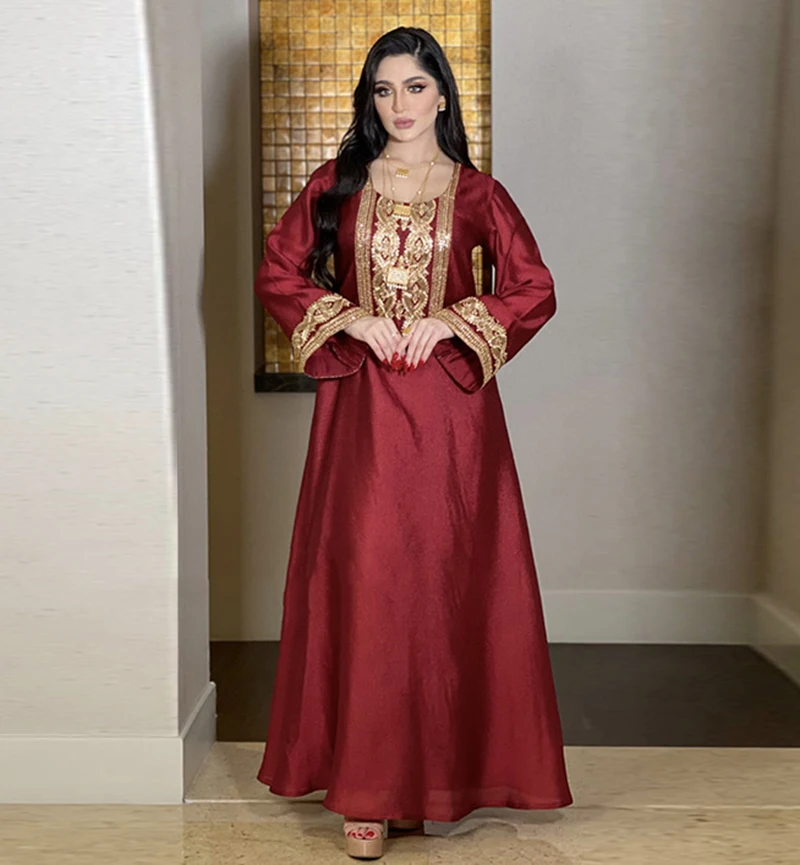 

Muslim Sequins Golden Embroidery Abaya Dubai Women Dress Jalabiya Long Arabic Moroccan Caftan Party Evening Ramadan Eid Kaftan