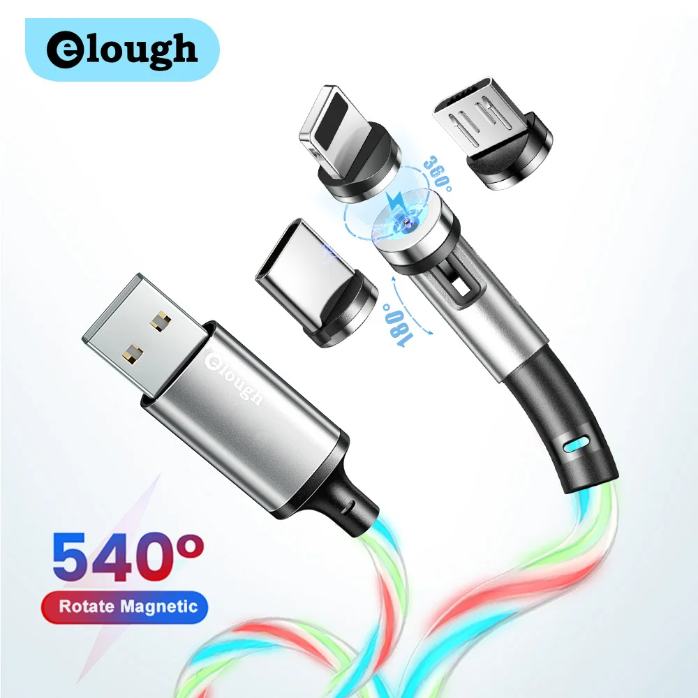 

Elough 540 Rotate Luminous Magnetic Cable Fast Charging Mobile Phone Charge Cable For iPhone Xiaomi Cable LED Micro USB Type C