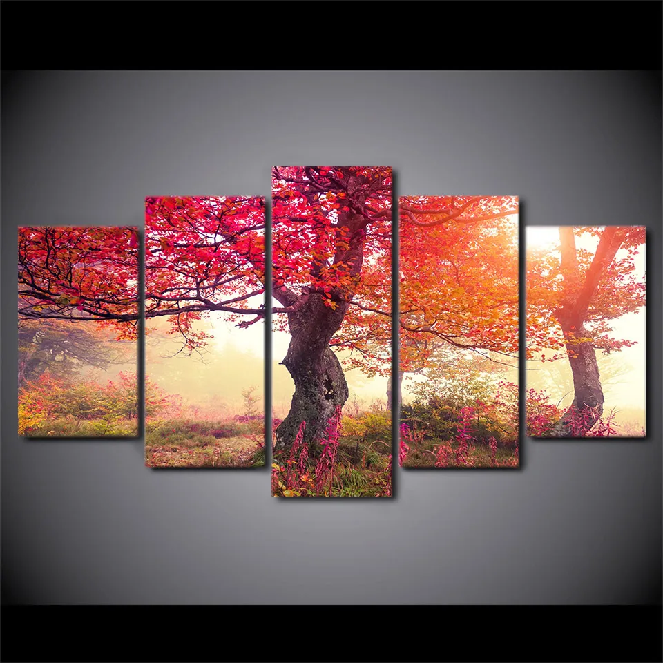 

5 панельных настенных плакатов, современные сезоны, Осенние деревья для гостиной, печать на холсте, картины, модульные картины, HD печать, домашний декор