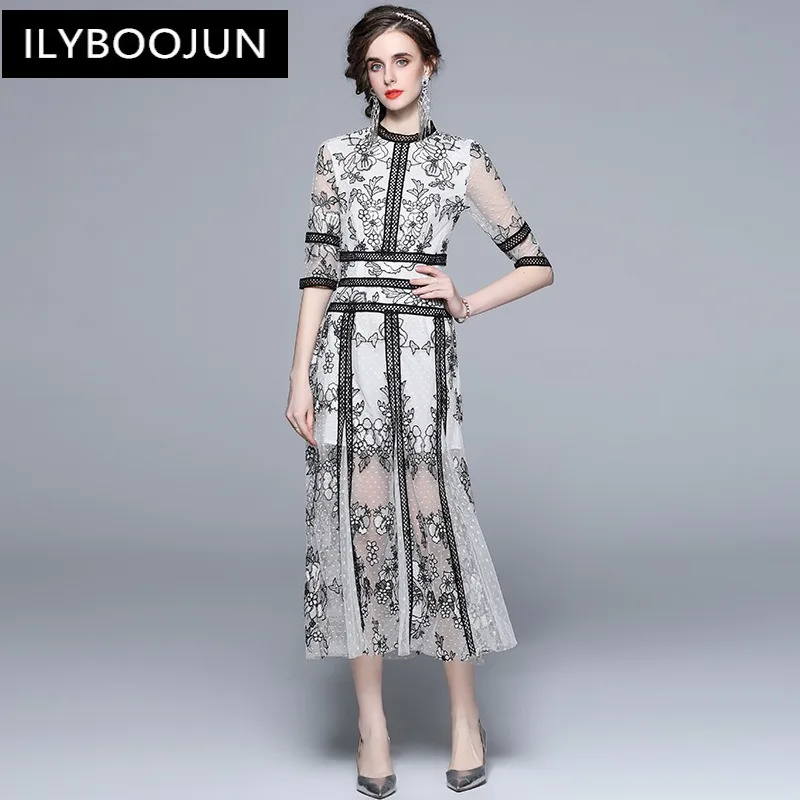 

Fashion Designer Summer Black Dress Women Lace three quarter sleeve Flower Sequins Embroidery Vintage Party Midi Dress Vestidos