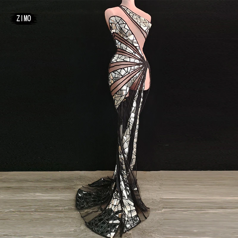 

Sexy gold black Mermaid dresses mesh Perspective Sequins Party club Long Dress birthday Women Prom stage show drag queen costume