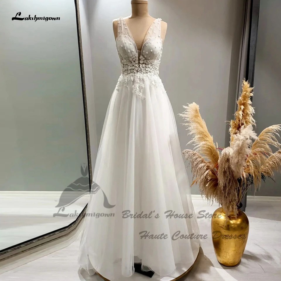 

Lakshmigown пляжное свадебное платье с цветочным кружевом 2023 Vestido de Noiva гражданское белое Тюлевое свадебное платье Бохо с глубоким V-образным выре...