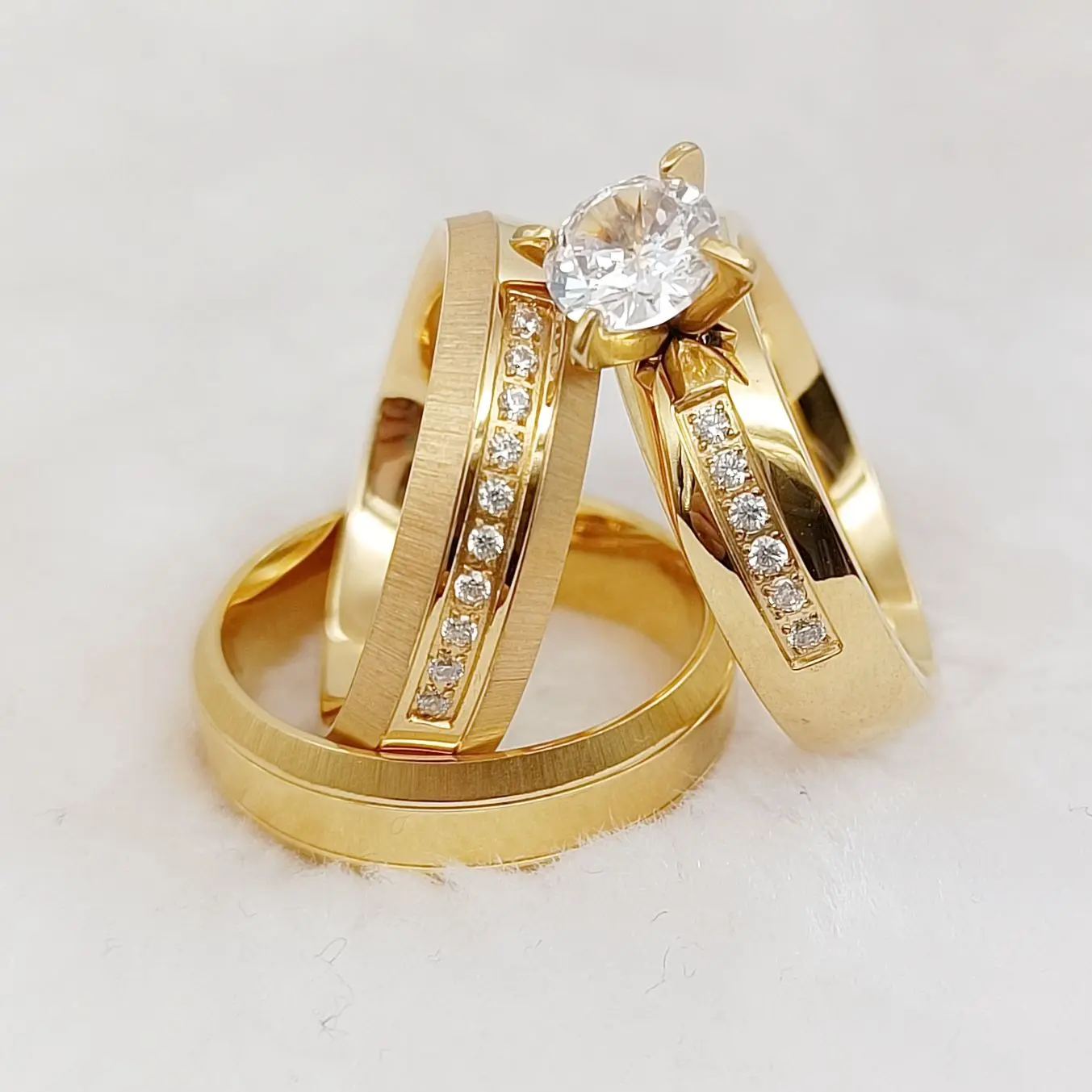 

High Quality 3pcs Statement Wedding Engagement Rings Set Ladies Gents cz Diamond 18K Gold Filled Jewelry Promise Ring for Couple
