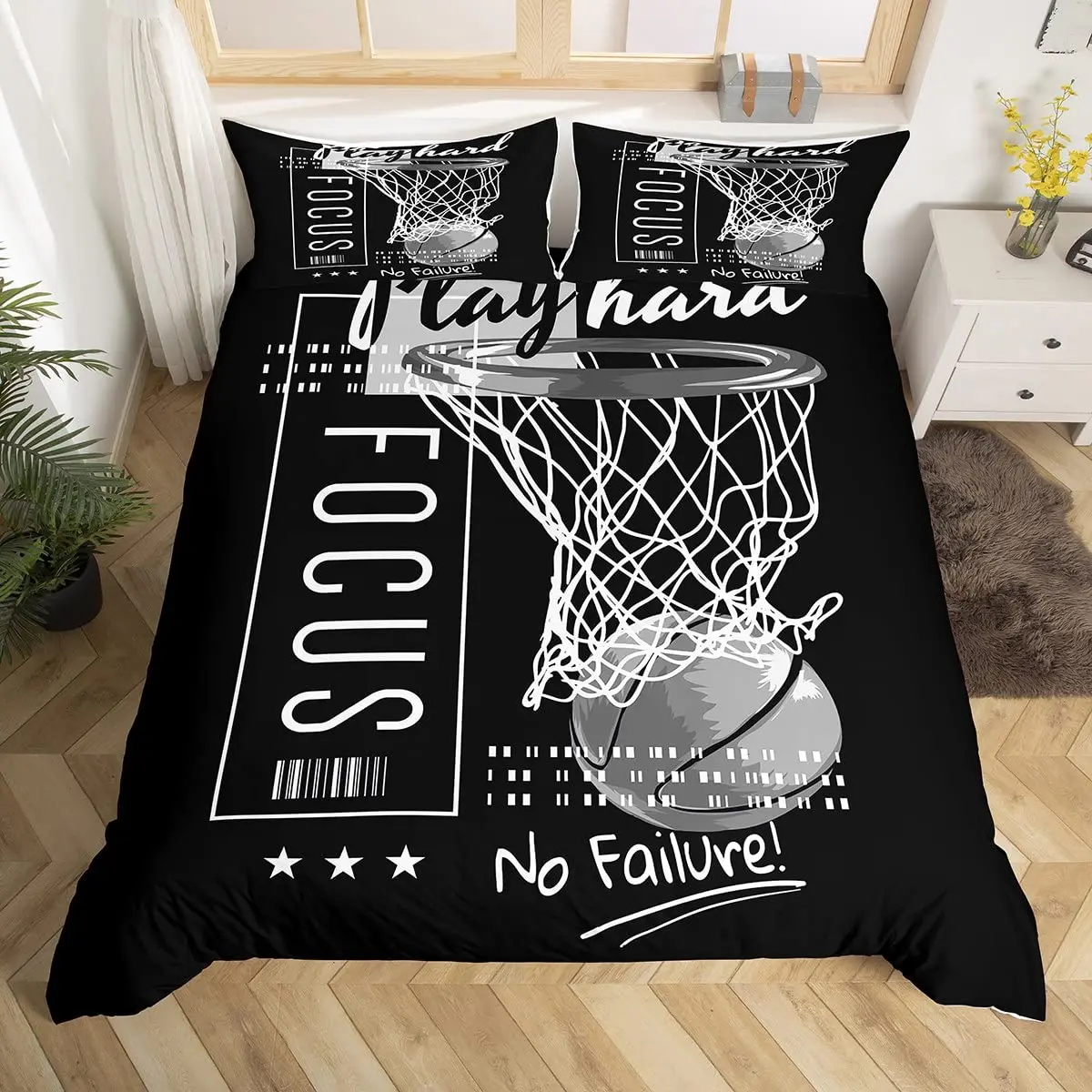 

Basketball Duvet Cover Set Sports Theme Bedding Set for Boys Teens Men with Motivated No Failure Pattern Soft Comforter Cover