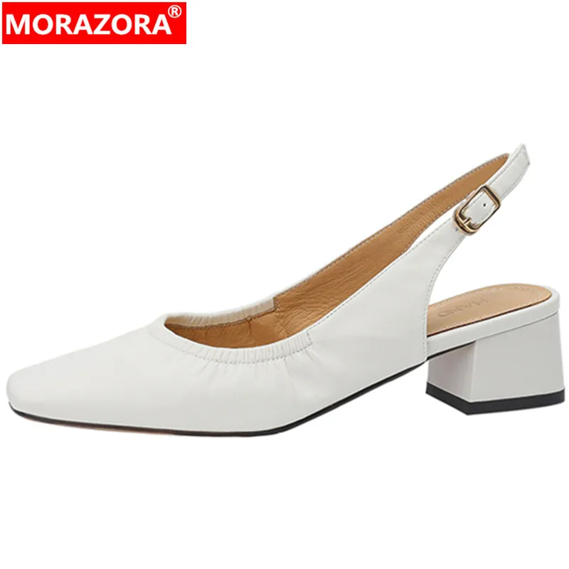 

MORAZORA 2022 Size 33-43 New Simple Sheepskin Sandals Women Slingbacks Square Med Heels Shoes Solid Ladies Dress Shoes