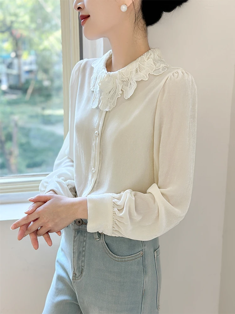 Женские шелковые бархатные рубашки с жемчужной пряжкой высококачественные