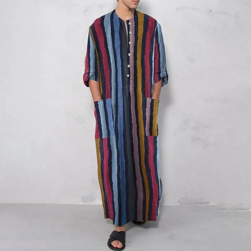 Men's Nightgown Robes Arabian Striped Shirt Ethnic Clothing Long Sleeves Retro Kimono House Skirt Cotton Bathrobe Lingerie