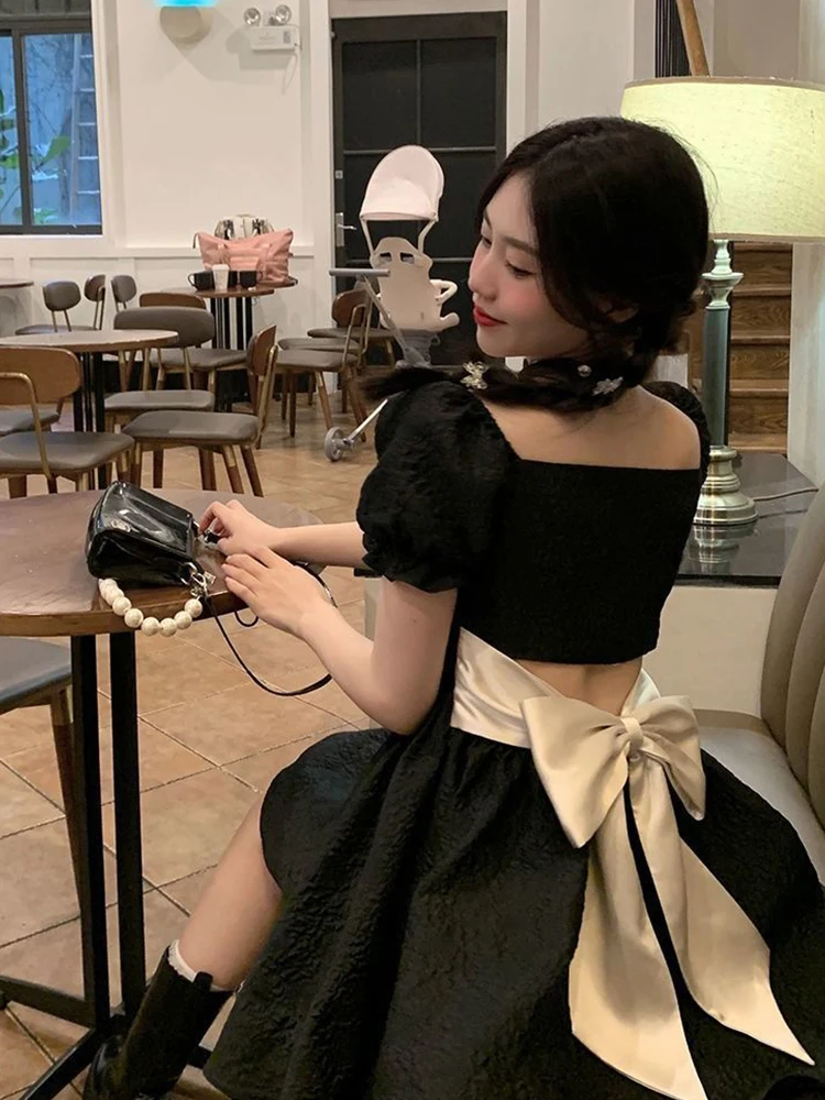 

Gothic Dress for Women Chic Y2k Puff Sleeves Black Lace-up Hollw Out Bandage Bow Kawaii Summer Dress 2022 Vestidos De Mujer