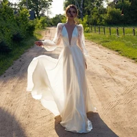 satin and lace wedding dresses 2022 long puffy sleeves with sashes open back vestidos de novia 2022 deep v neck bride gowns