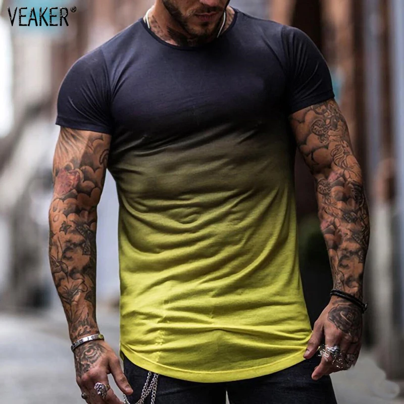 

Новинка 2022, мужские летние градиентные футболки в стиле High Street, Мужская футболка с коротким рукавом и принтом, топы, уличная одежда