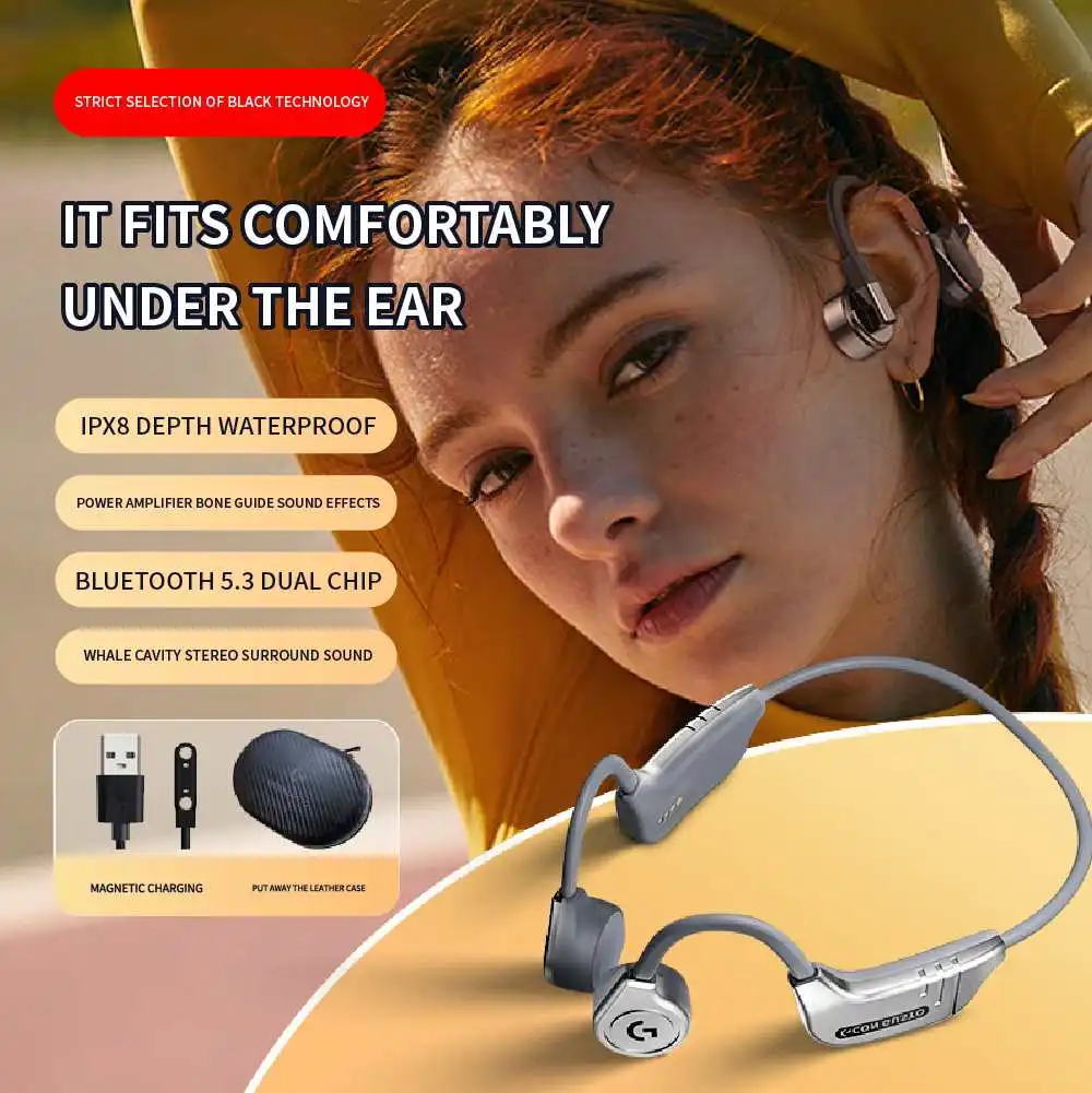 

HIFI Sound Bone Conduction Earphone bluetooth V5.3 Earbuds Long Battery Life IPX8 Waterproof Sport Portable Headphones with Mic