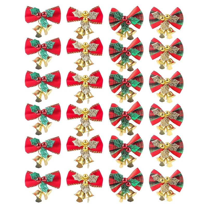 

24 шт. Рождественский бант с колокольчиками, рождественские банты для рождественской елки, украшение для рождественской елки