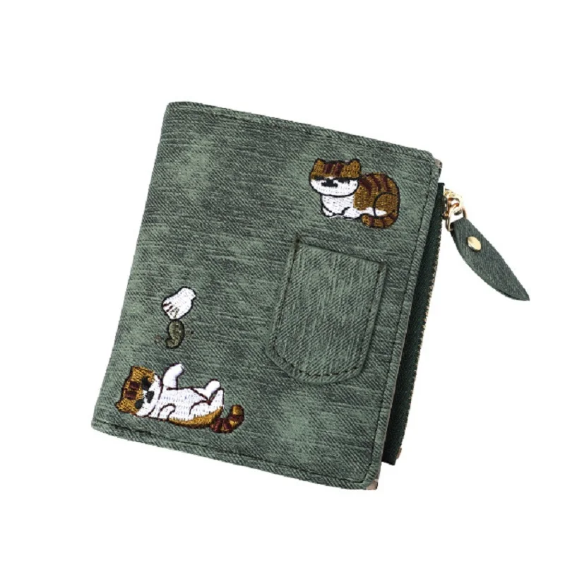 Card Holder Embroidered Cute Cat Purse Leather Zipper Wallet Small Clutch Luxury Designer Bag Green Purse Carteras para mujer