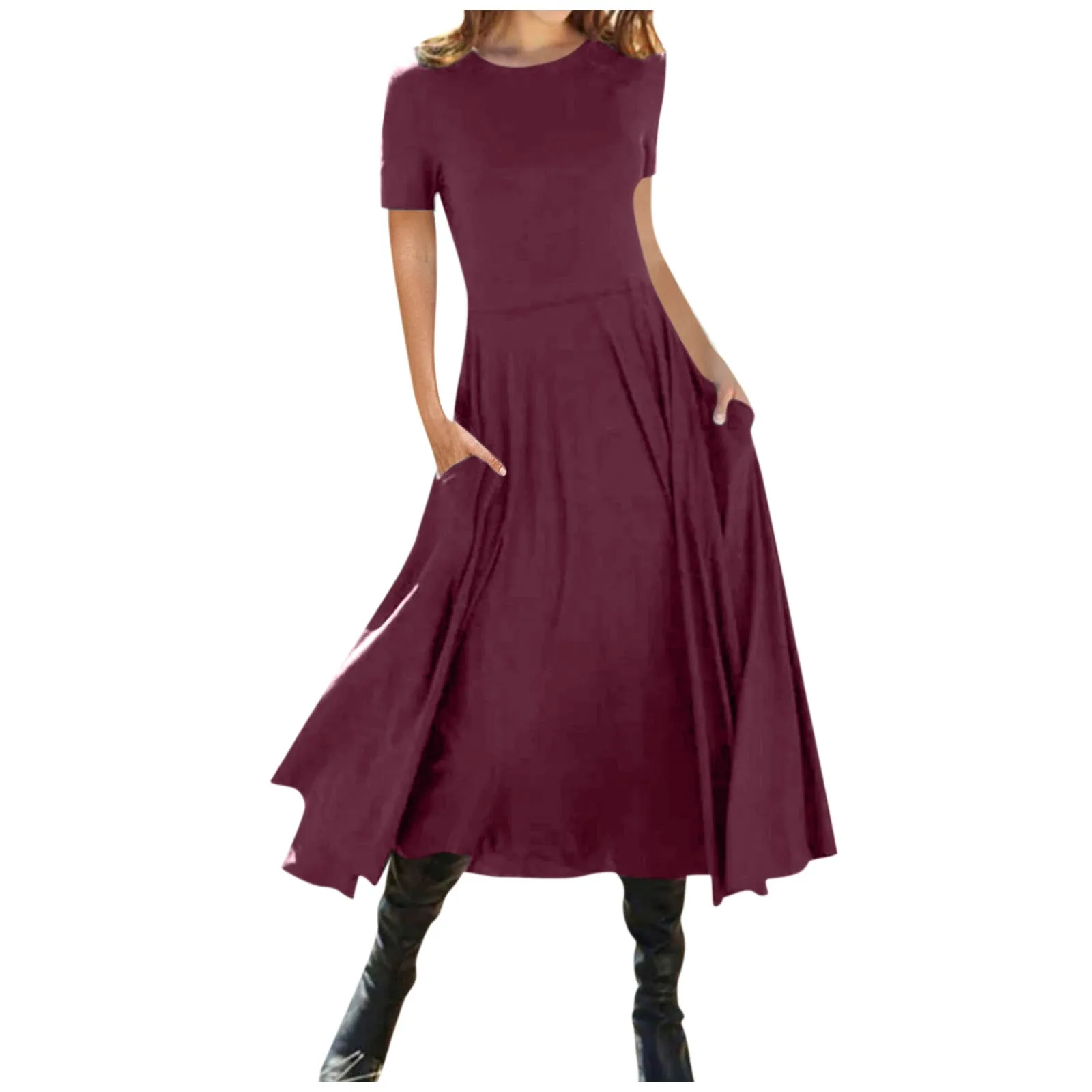 

Платье-пуловер женское однотонное с коротким рукавом, Модный сарафан-трапеция с карманами, высокая талия, длинный рукав, уличная мода, на лето