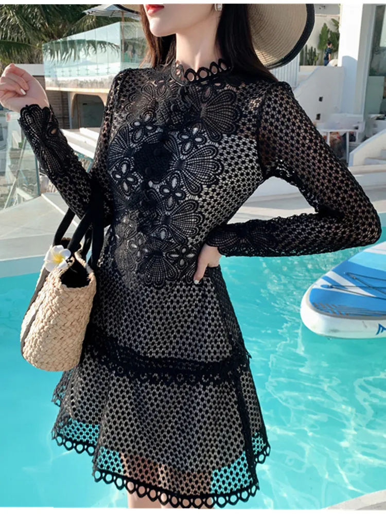

2022 New Fashion Spring Black Lace Hollow Out High Waist Long Sleeve Dress Ladies Luxury Design Runway Dresses Vestidos