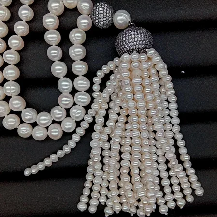 

Natural 9-10mm Cultured White Freshwater Pearl sweater chain Long Necklace Cz Pave Gunmetal pearl Tassel Pendant 41"