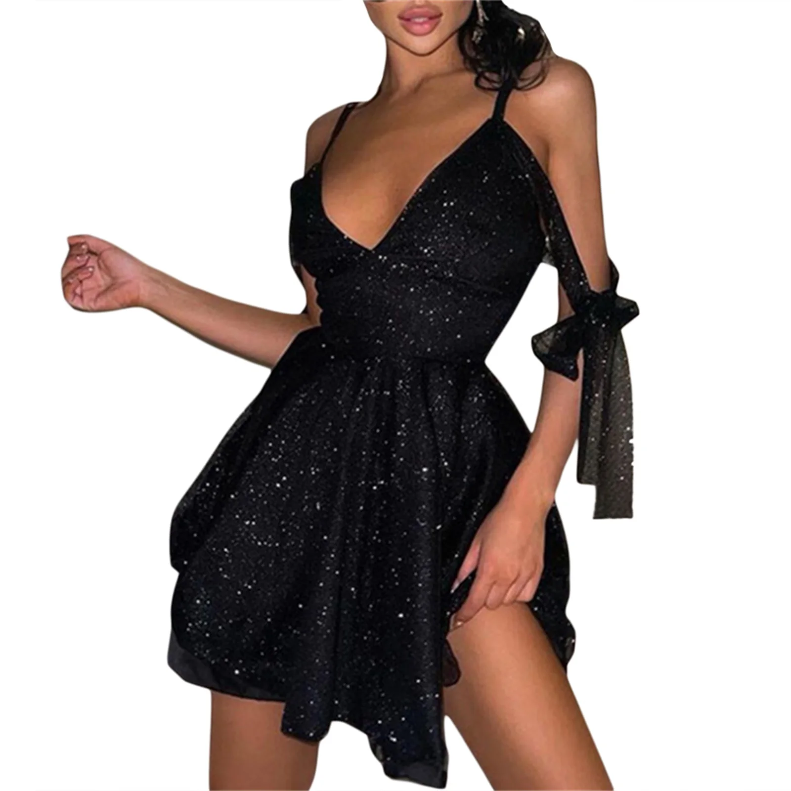 

Женское блестящее платье, однотонное коктейльное платье на бретелях-спагетти с V-образным вырезом